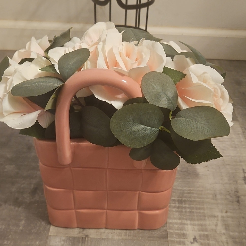 T.J.Maxx Pink Basket with White Faux Florals
